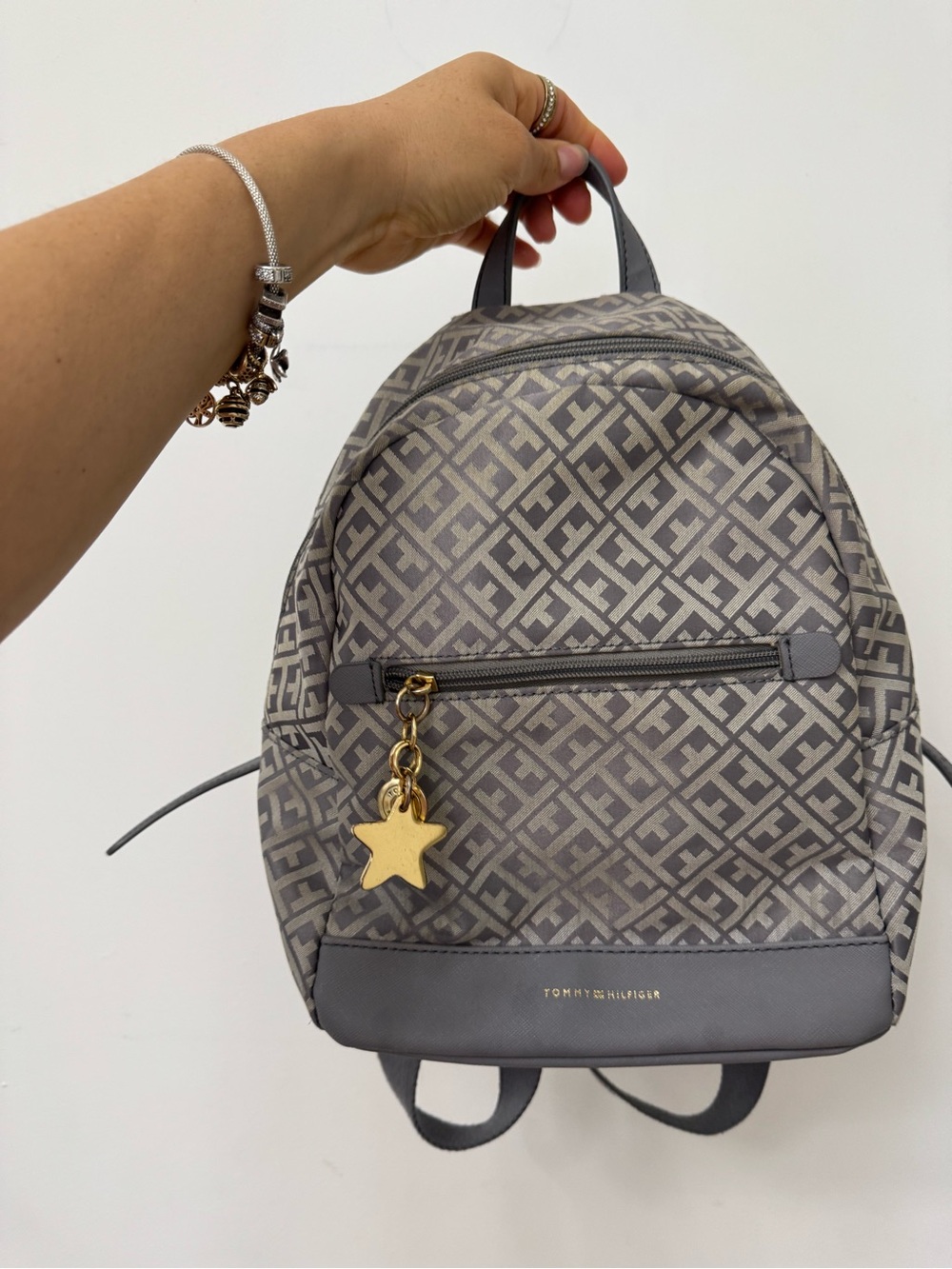 Tommy Hilfiger Gray Monogram Mini Backpack with Star Charm